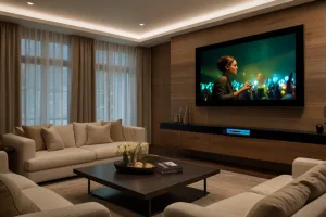 Ilustracija opisuje konforan prostor sa akcentom na audio i video sistem elegantno upakovan u enterijer