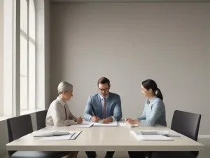 Ilustracija prikazuje tim od 3 ljudi za stolom na kom je dokumentacija sto simbolizuje konsultacije pre implementacije.