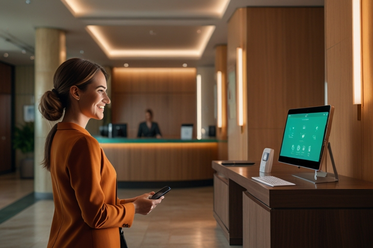 Hotem ilustracija koja opisuje smart infopult i osobu sa osmehom koja se potencijalno priprema za check-in kroz aplikaciju