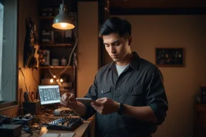 Ilustracija prikazuje primer inzenjera okruzenog elektro i smart home opremom, uredjajima za testiranje i tablet uredjajem dok implementira resenje.