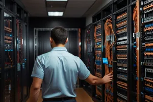 Ilustracija opisuje inzenjera za racunarske mreze koji se nalazi u server sali sa ormanima koji su povezani kablovima i u njima se nalazi aktivna i pasivna mrezna oprema.