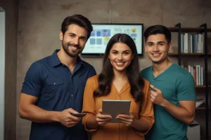 Ilustracija prikazuje primer uspesne obuke za smart sistem gde tri nasmejane osobe sa tablet i mobilnim uređajima kao da su upravo zavrsili obuku za koriscenje sistema