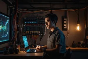 Ilustracija opisuje inženjera u prostoSmart home riji sa dosta konekcija i monitora koja opisuje parametre sa sistema koji se odrzavaju