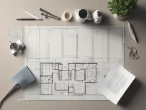 Ilustracija opisjue klasicar radni sto na kom je gradjevinski tlocrt objekta što simbolizuje planiranje