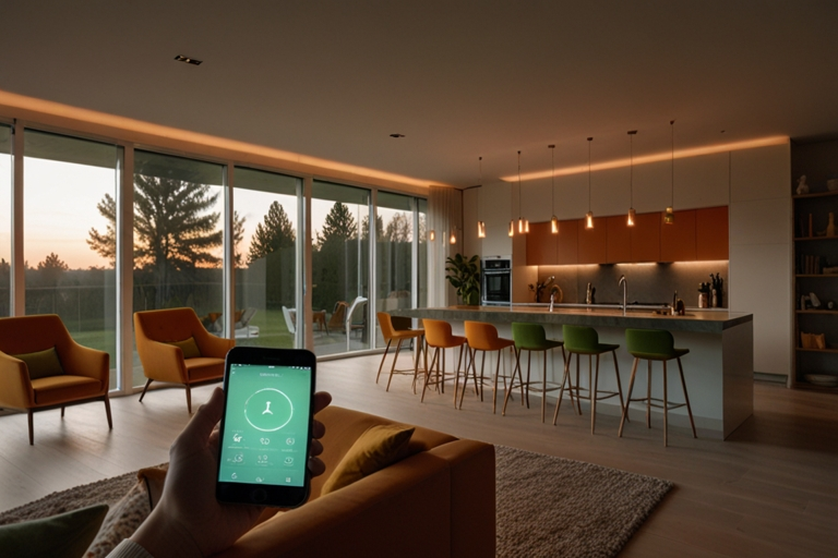 Smart Home ilustracija opisuje primer komfora Smart Home gde preko aplikacije se upravlja udaljeno sa sistemom