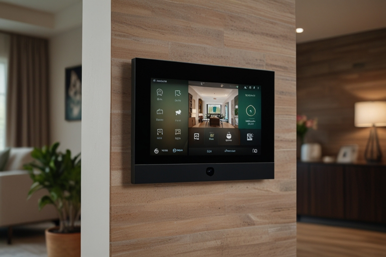 Ilustracija opisuje fokus na Smart Home displej u enterijeru sa funkcionalnostima i pregledom najvaznijih.